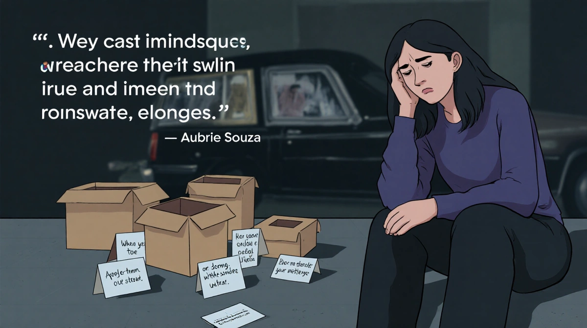 Frustrated person sits alone in dim room with empty condolence cards and blurred funeral in background