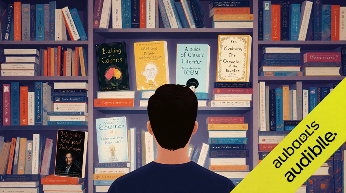 Person browsing diverse audiobooks with fiction and nonfiction titles filling shelves and colorful covers visible