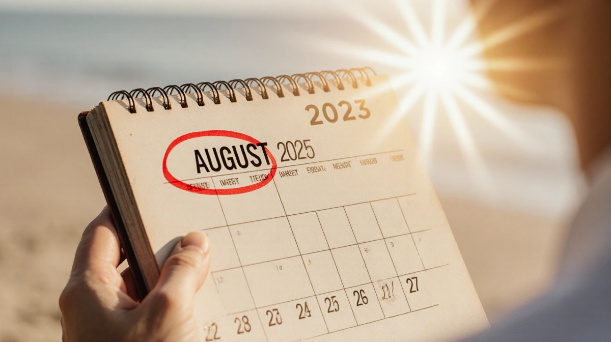 Person holds August 2025 calendar with red circled date and sunbeams showing skin cancer awareness