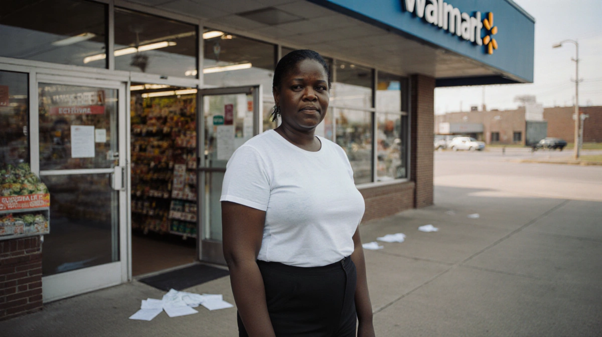 Augusta Goll standing confident at Liberian immigrant's grocery store with papers scattered and a blurred Walmart in backgrou