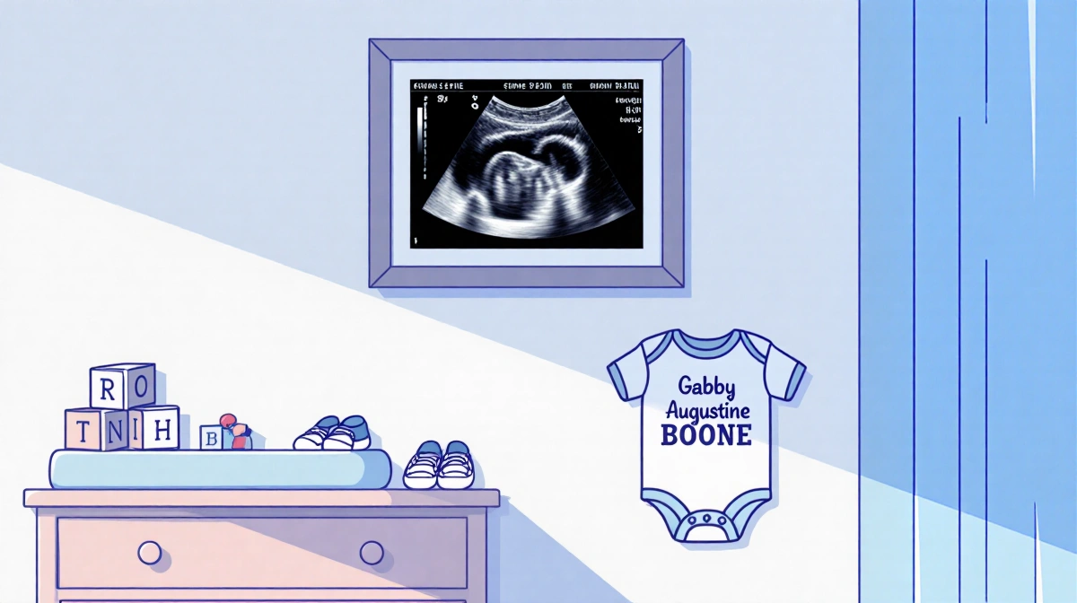 Nursery wall displays baby blocks with framed ultrasound image onesie and booties on changing table near blue gradient