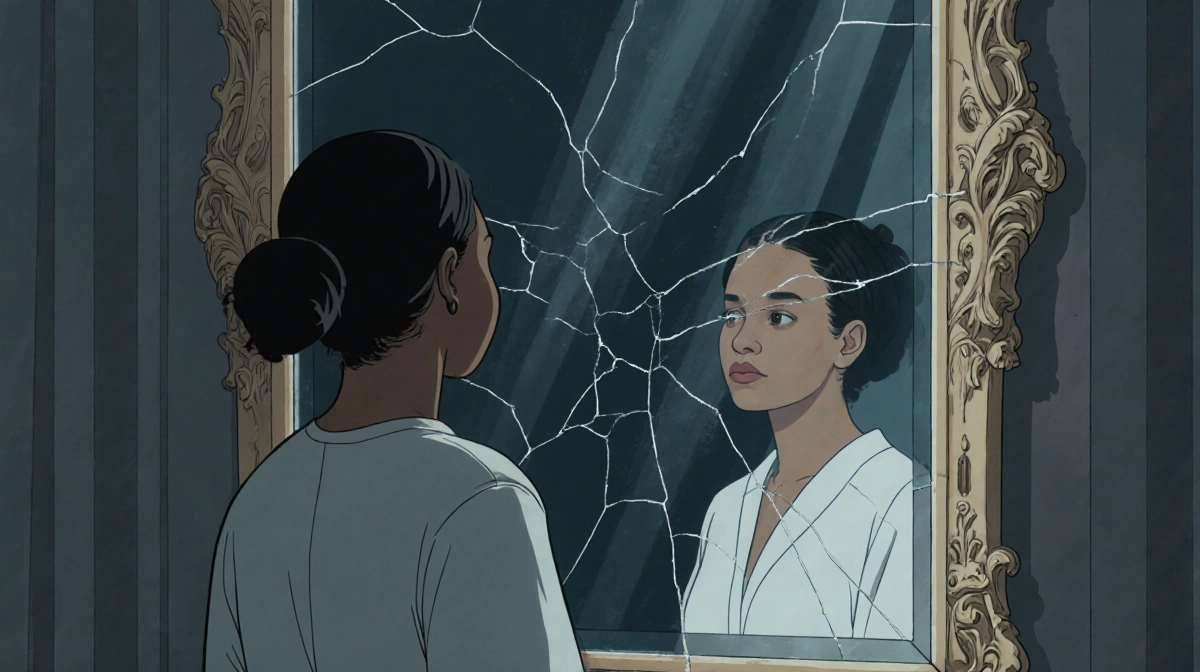 Aundrea Fimbres and Cassie Ventura standing before cracked mirror with distorted reflections showing their emotional journey