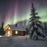 Snowy cabin lights glow while Aurora Borealis dances above with green and purple lights over forest