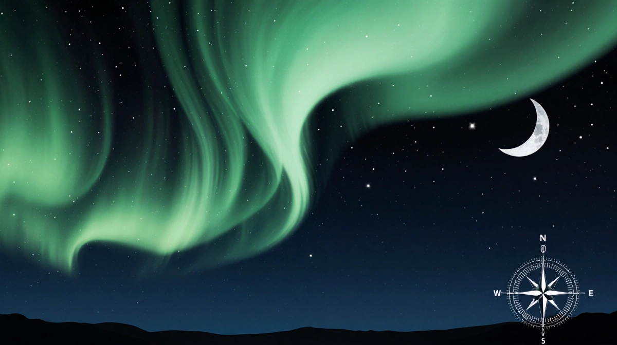 Northern Lights swirl across night sky with crescent moon and compass showing location
