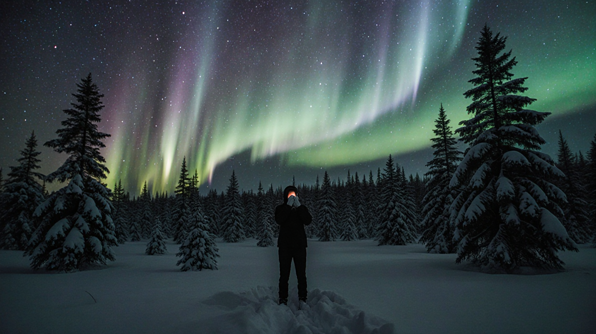 Figure standing with hands cupped around mouth with aurora lighting snow-covered evergreen forest behind dark sky