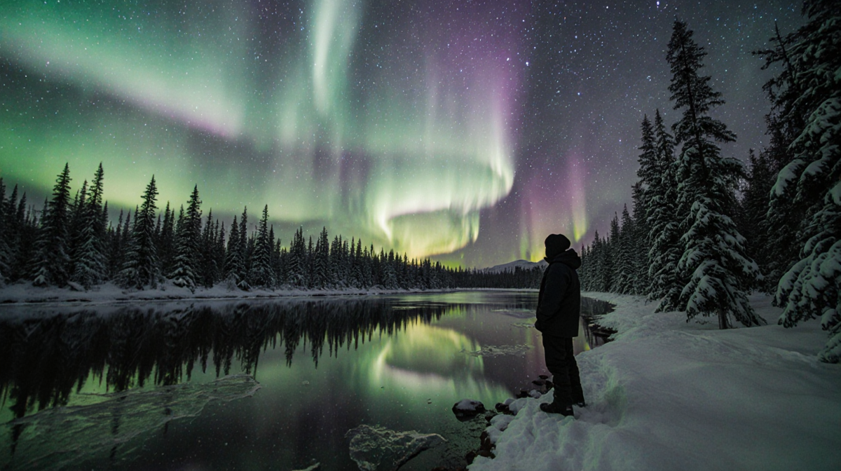 Silhouetted figure gazing up at shimmering aurora with snow‑covered trees and frozen lake reflecting the lights.