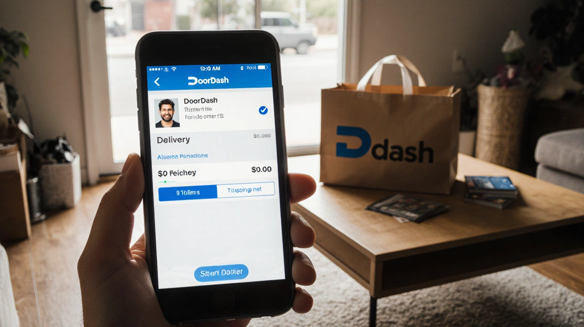 DoorDash delivery bag waits on porch with Austin front door and smartphone screen showing fake order