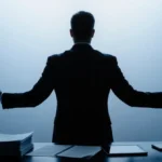 Austin Russell standing with arms stretched out holding an unseen weight and documents in foreground, legal corporate tension