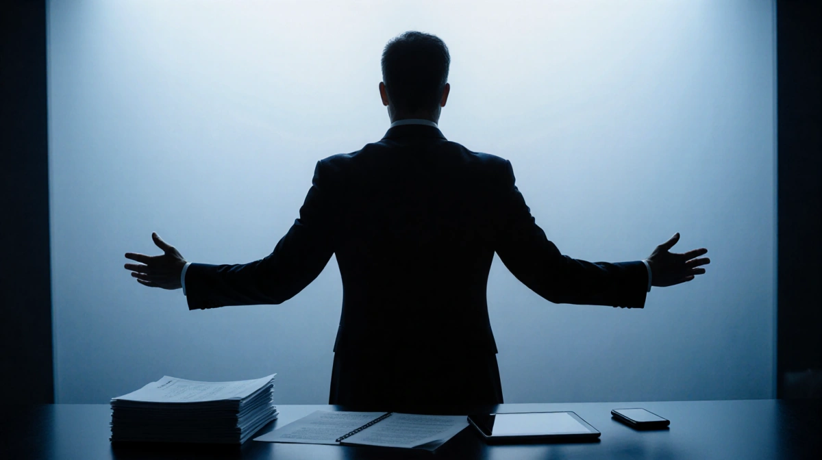 Austin Russell standing with arms stretched out holding an unseen weight and documents in foreground, legal corporate tension