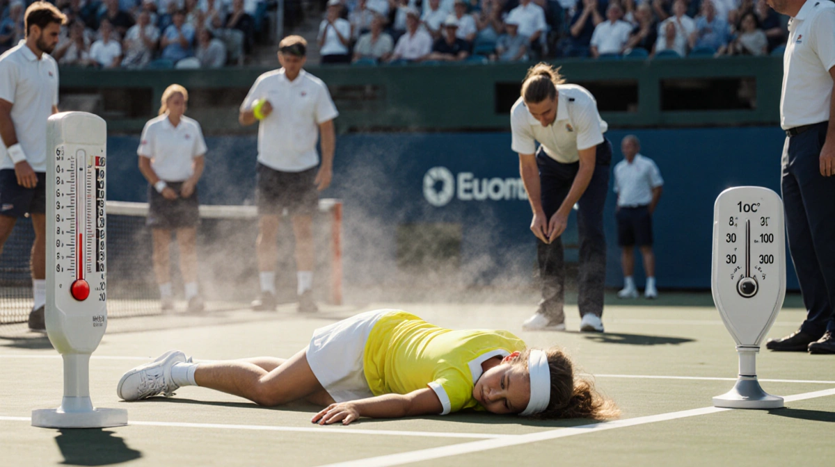 Ball girl lies motionless on court with medical staff helping and thermometer showing 38°C as players react to extreme heat