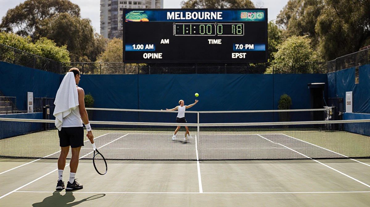 Tennis player warms up near the net with a towel while another player serves on the Australian Open court showing the 11 AM s