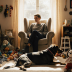 Author sits with deceased dog Coco lying beside under warm light and surrounded by mementos.
