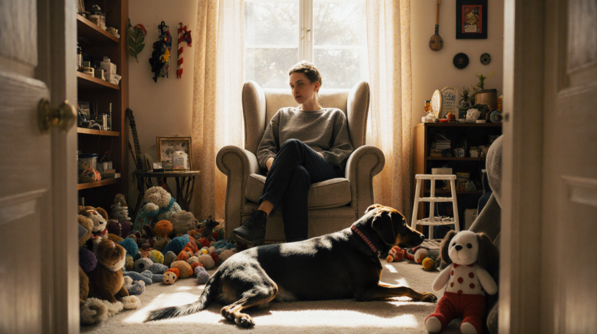 Author sits with deceased dog Coco lying beside under warm light and surrounded by mementos.