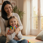 Young girl with autism smiles while hugging her comfort toy in a sensory room with golden light and her mother beside her