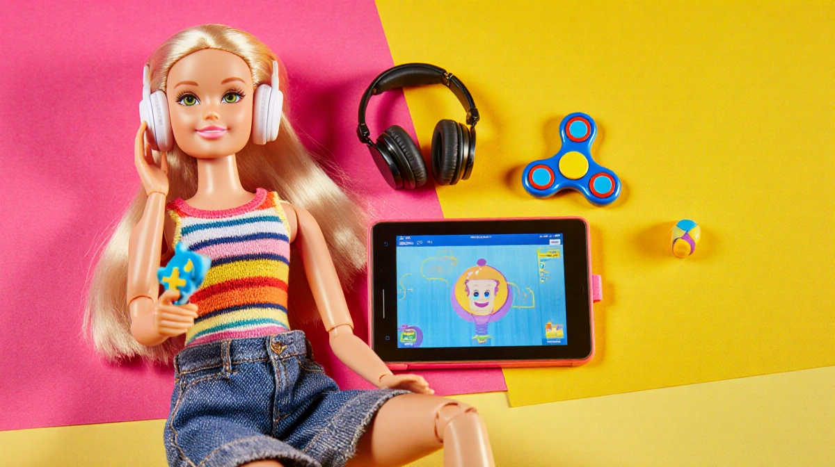Autistic Barbie sits with fidget spinner and noise-canceling headphones while AAC tablet shows communication app