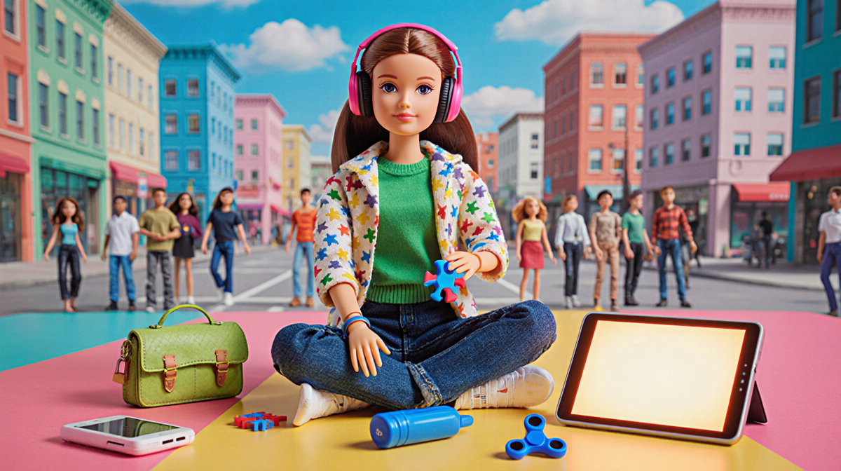 Autistic Barbie sits with headphones and fidget spinner while AAC tablet glows with accessibility and empowering cityscape