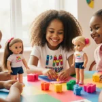 Children playing together with inclusive autism-friendly Barbie doll showing sensory mat and autism awareness shirt