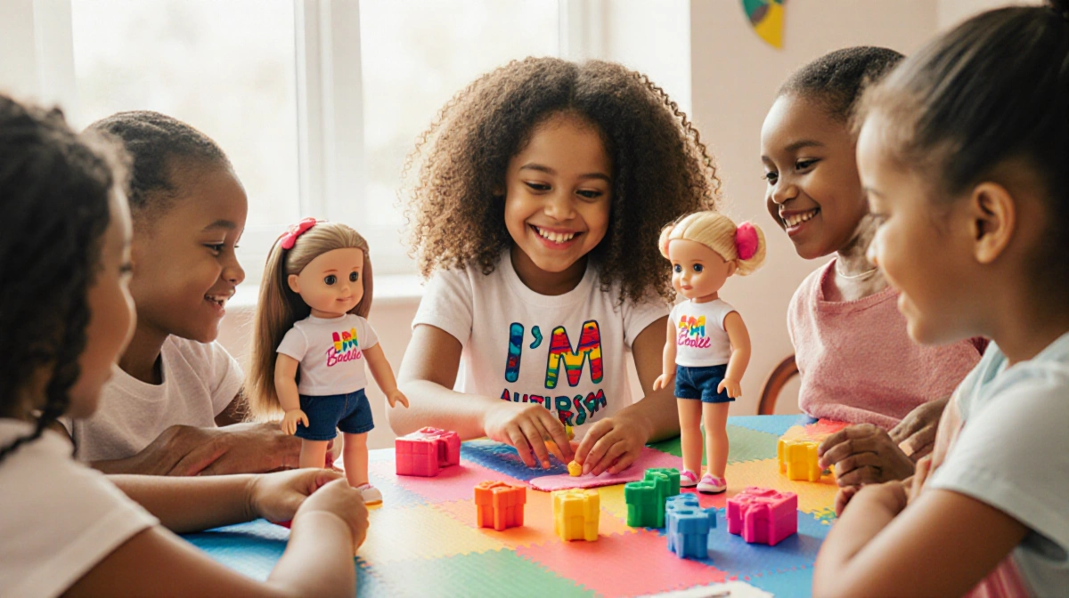 Children playing together with inclusive autism-friendly Barbie doll showing sensory mat and autism awareness shirt