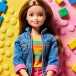 Barbie with Autism sits calmly on colorful sensory-friendly textures while holding a fidget spinner with adjustable clothing