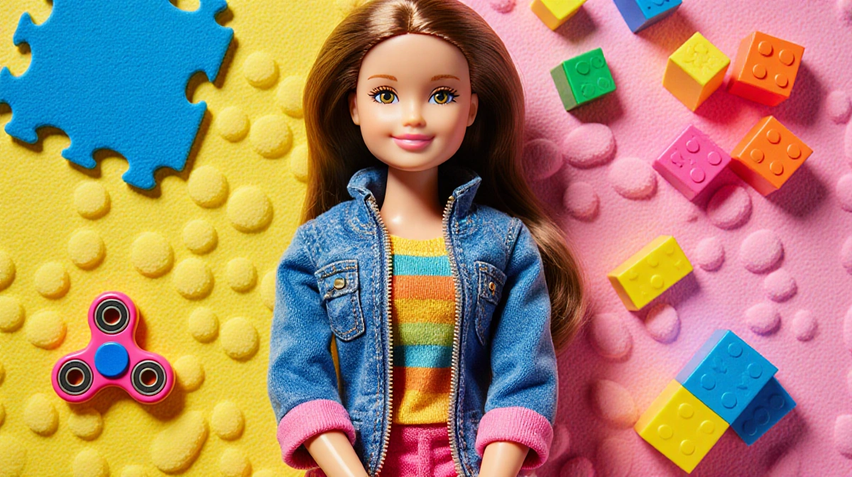 Barbie with Autism sits calmly on colorful sensory-friendly textures while holding a fidget spinner with adjustable clothing