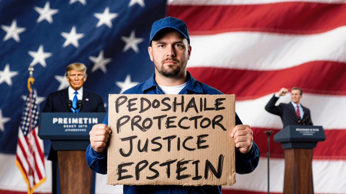 Male auto worker holds protest sign reading Pedophile Protector with American flag behind him and presidential podium visible