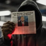 Factory worker holding newspaper with anti-Trump suspension headline with industrial machinery glowing red in background