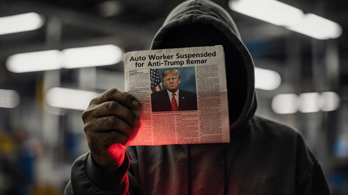 Factory worker holding newspaper with anti-Trump suspension headline with industrial machinery glowing red in background