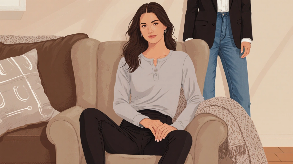 Woman relaxing in Automet Henley blouse and leggings with cozy throw blanket and pillows on chair