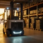 Autonomous forklifts navigating warehouse aisles with LED lights illuminating stacked crates and metal shelving