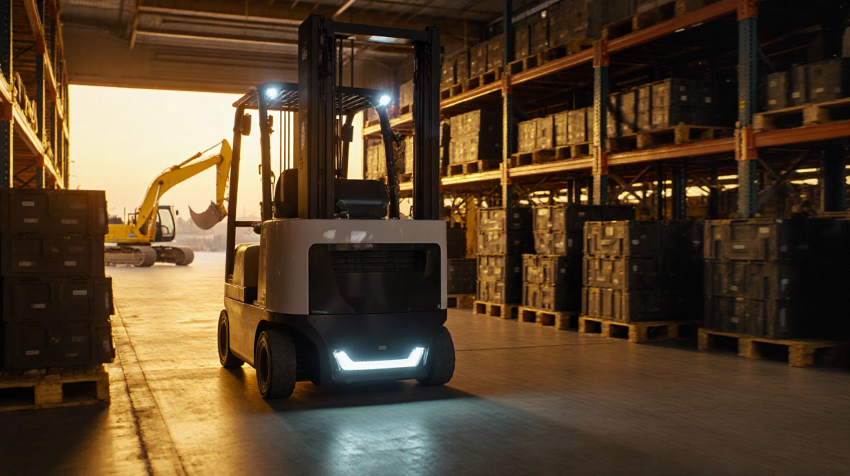 Autonomous forklifts navigating warehouse aisles with LED lights illuminating stacked crates and metal shelving
