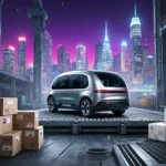 Autonomous freight vehicle sits on modular platform with biodegradable stacks and logistics gear beside a neon-lit skyline