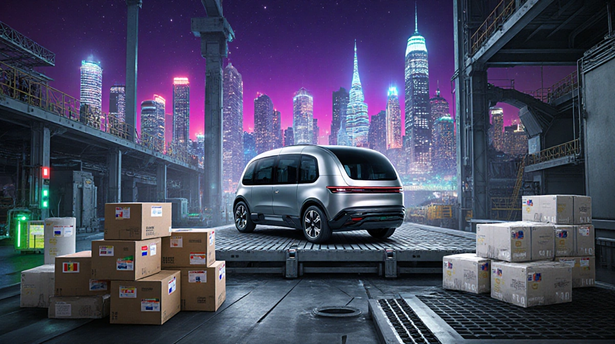 Autonomous freight vehicle sits on modular platform with biodegradable stacks and logistics gear beside a neon-lit skyline