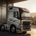 Large semi-truck displays autonomous system with Bosch and Kodiak AI logos amid golden-lit truck yard.