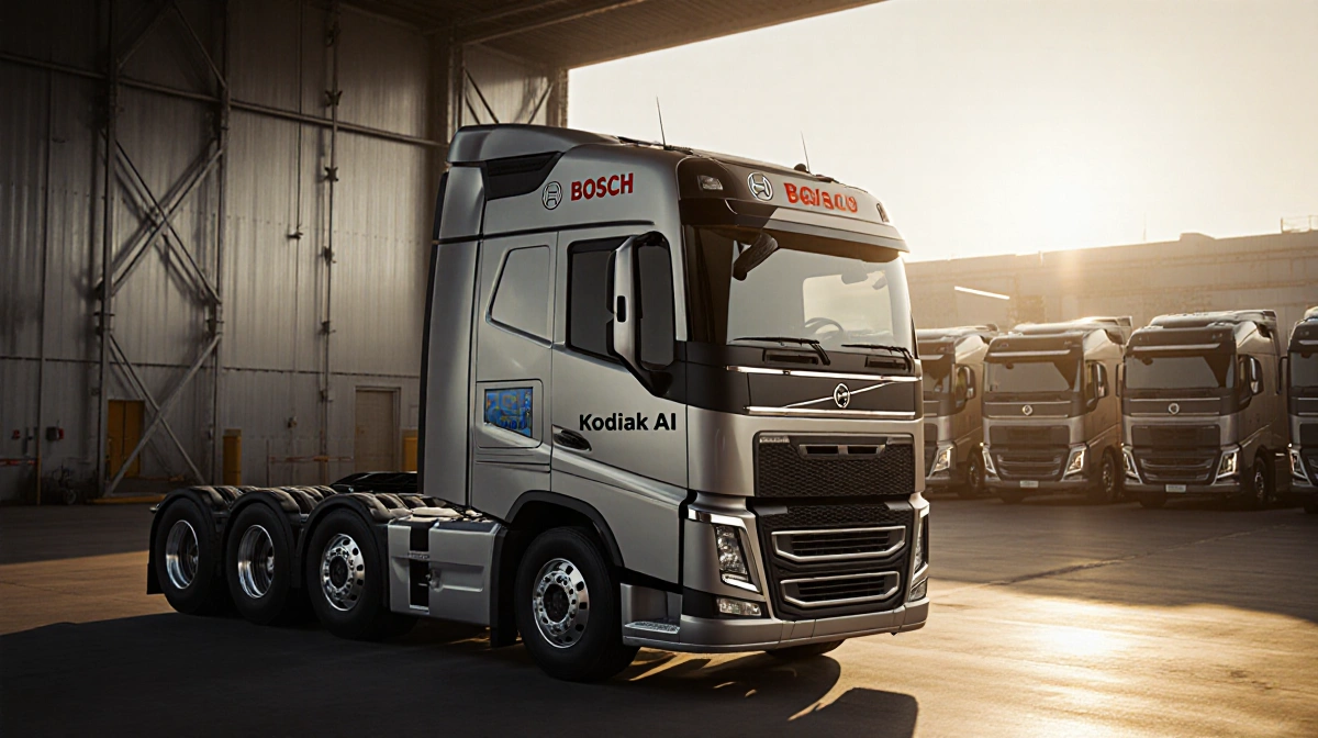 Large semi-truck displays autonomous system with Bosch and Kodiak AI logos amid golden-lit truck yard.