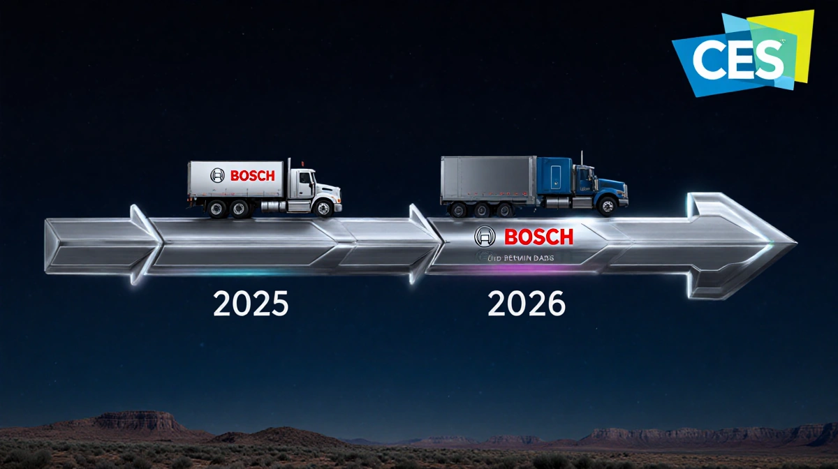 Table timeline showing 2025 and 2026 with arrows and glowing 2026 with autonomous trucks and Bosch logos