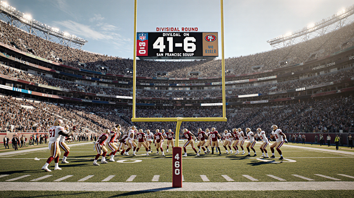 Celebrating NFL players rally around field with autumn stadium backdrop and scoreboard reading 41-6