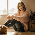 Young woman sits cross-legged on plush rug with golden autumn light and vintage backpack nearby