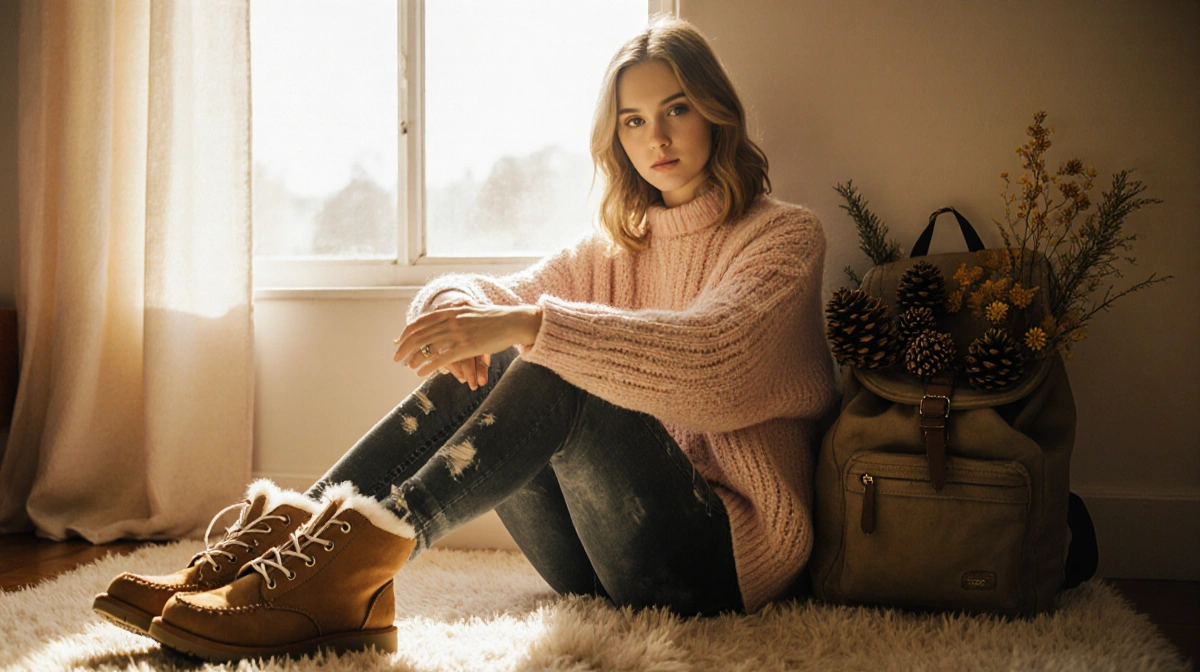 Young woman sits cross-legged on plush rug with golden autumn light and vintage backpack nearby