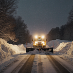 Snowplow sits idle on snowy road with bright lights illuminating dark sky and half‑buried car in drift.