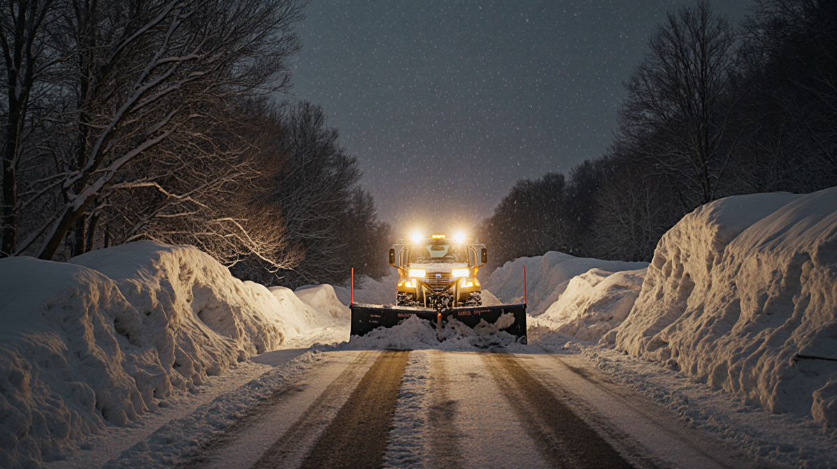 Snowplow sits idle on snowy road with bright lights illuminating dark sky and half‑buried car in drift.