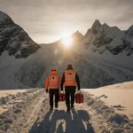 Two rescue personnel in orange vests walk through snow carrying stretchers with avalanche debris towering behind them