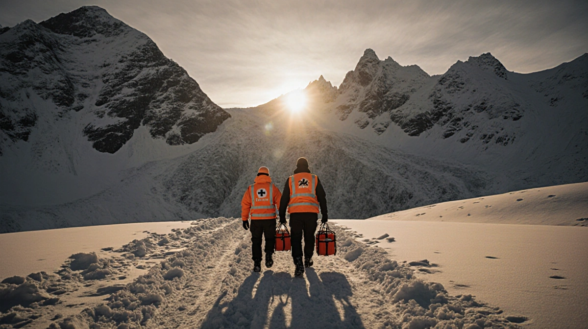 Two rescue personnel in orange vests walk through snow carrying stretchers with avalanche debris towering behind them