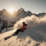 Lone skier lies motionless on avalanche slope with golden sunset light and snow clouds rising