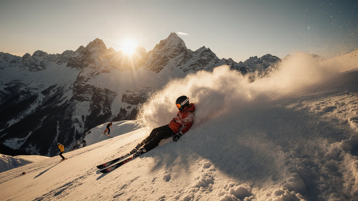 Lone skier lies motionless on avalanche slope with golden sunset light and snow clouds rising
