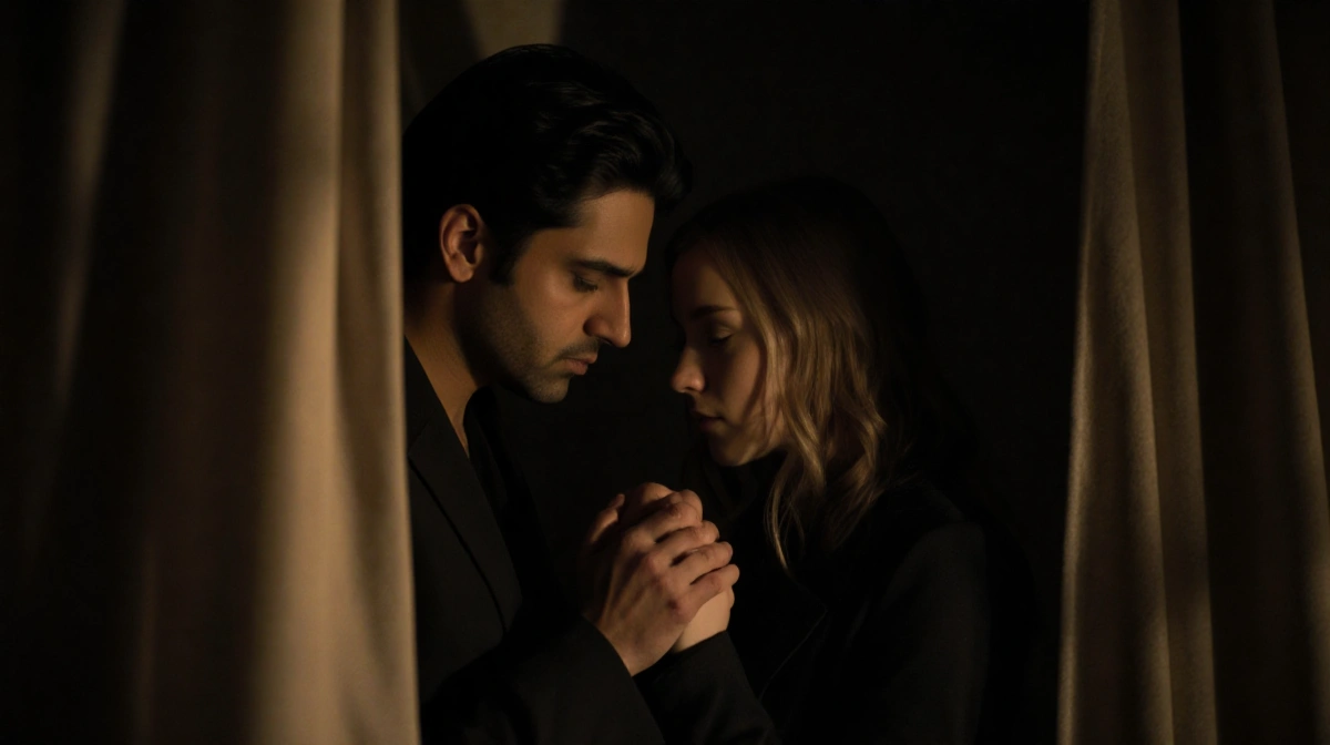 Two actors holding hands while staring intensely at each other with dramatic shadows on dark curtains behind them