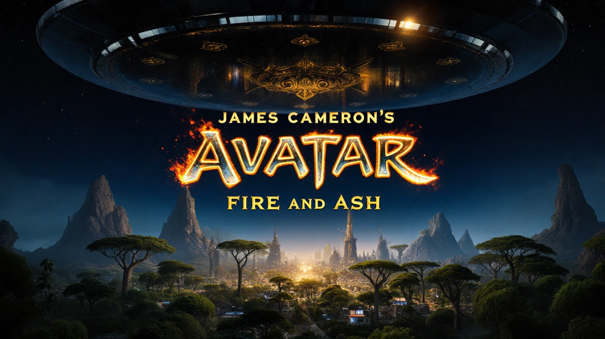 Avatar Fire and Ash logo glows with golden embers above Pandora cityscape with lush trees reflected on spaceship surface