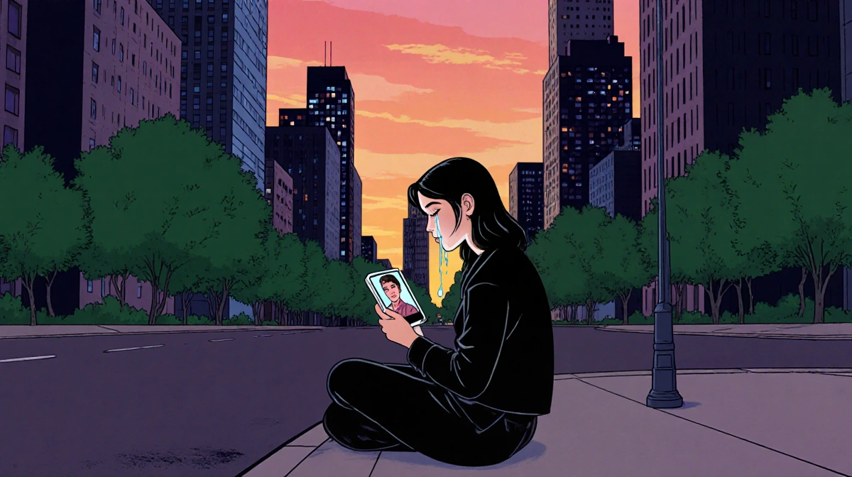 Woman sits on city street corner with tears on her face while looking at phone showing split-screen of two different life pat