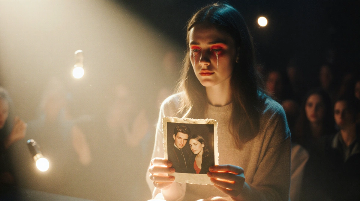 Woman crying on stage while holding old photo with golden spotlight and blurred audience behind