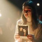 Woman crying on stage while holding old photo with golden spotlight and blurred audience behind