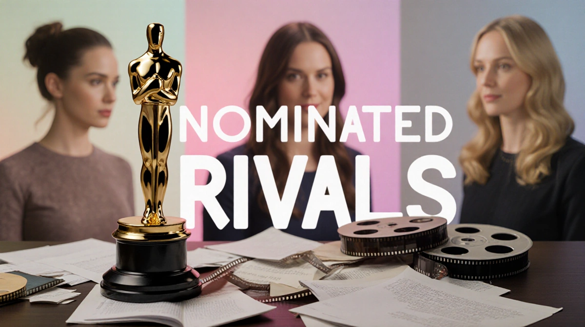 Golden Globe trophy sits on cluttered desk with scripts and film reels while Nominated Rivals text floats above